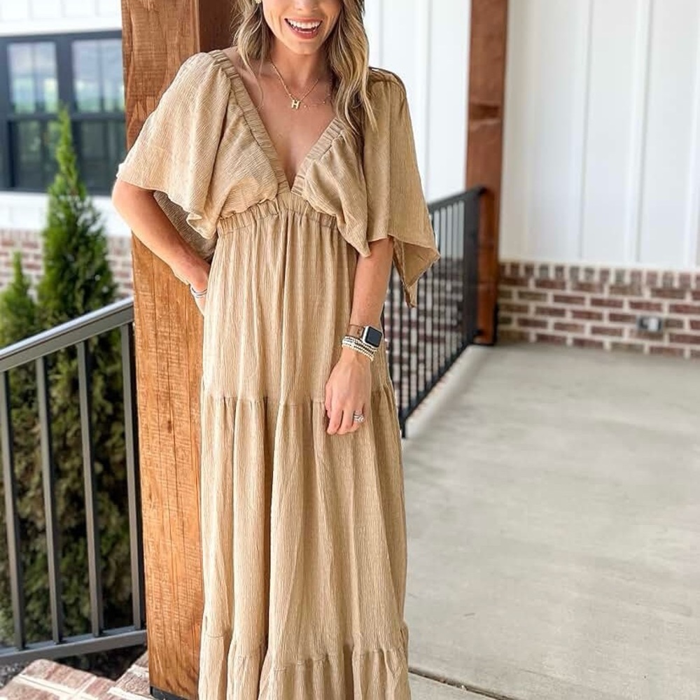 Maxi V-Neck, Tiered with Flutter Sleeves